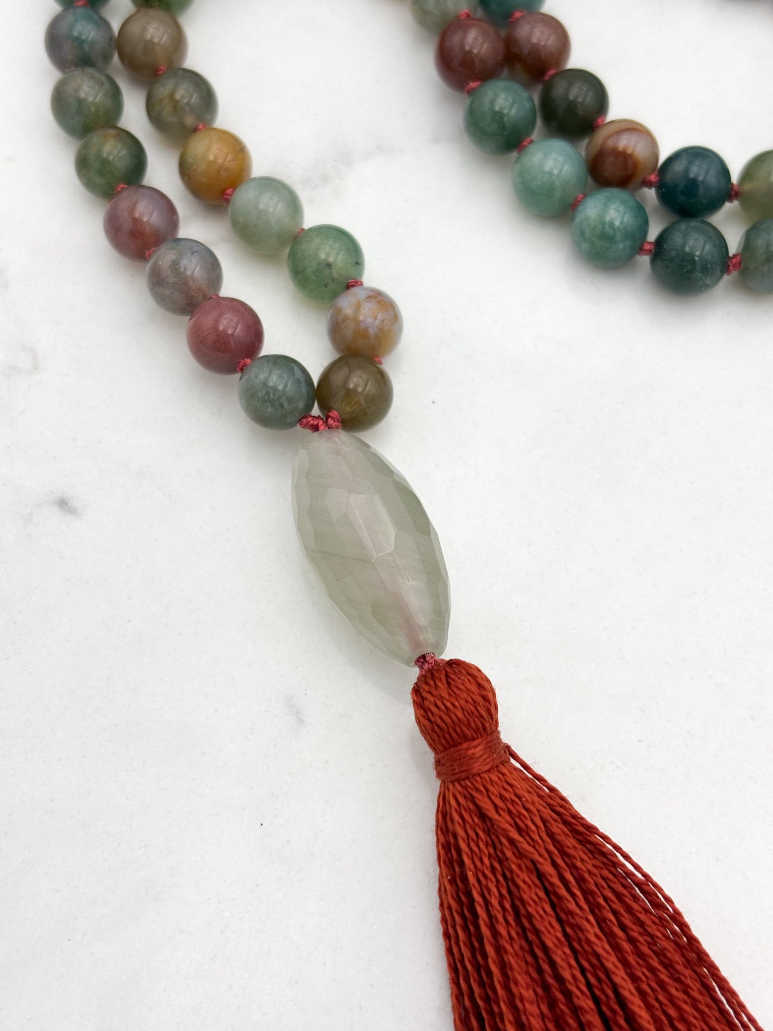 indian agate gemstone mala with faceted quartz guru bead and orange tassel | radiant malas | handmade in boulder, colorado