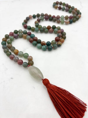 indian agate gemstone mala with faceted quartz guru bead and orange tassel | radiant malas | handmade in boulder, colorado