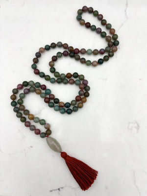 indian agate gemstone mala with faceted quartz guru bead and orange tassel | radiant malas | handmade in boulder, colorado