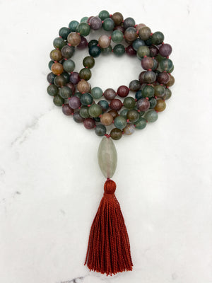 indian agate gemstone mala with faceted quartz guru bead and orange tassel | radiant malas | handmade in boulder, colorado