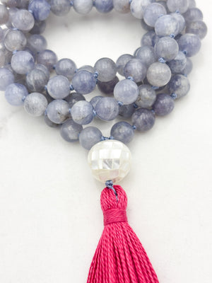 iolite gemstone mala with mosaic mother of pearl guru bead and pink tassel | radiant malas | handmade in boulder, colorado