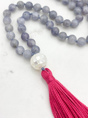 iolite gemstone mala with mosaic mother of pearl guru bead and pink tassel | radiant malas | handmade in boulder, colorado