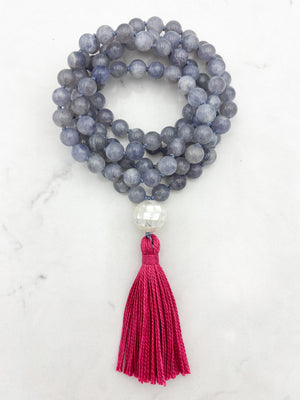 iolite gemstone mala with mosaic mother of pearl guru bead and pink tassel | radiant malas | handmade in boulder, colorado