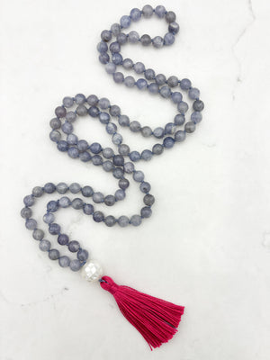 iolite gemstone mala with mosaic mother of pearl guru bead and pink tassel | radiant malas | handmade in boulder, colorado