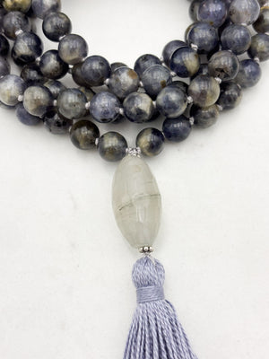 iolite gemstone mala with faceted quartz guru bead and lilac tassel | radiant malas | handmade in boulder, colorado