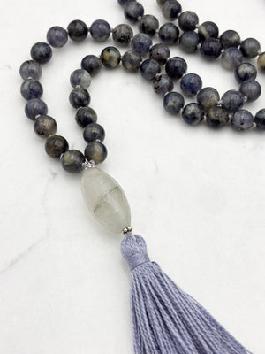 iolite gemstone mala with faceted quartz guru bead and lilac tassel | radiant malas | handmade in boulder, colorado