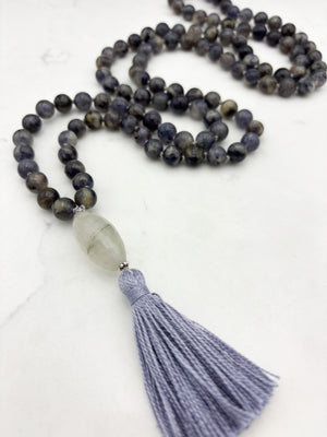 iolite gemstone mala with faceted quartz guru bead and lilac tassel | radiant malas | handmade in boulder, colorado
