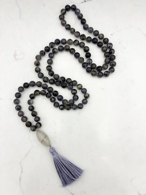 iolite gemstone mala with faceted quartz guru bead and lilac tassel | radiant malas | handmade in boulder, colorado