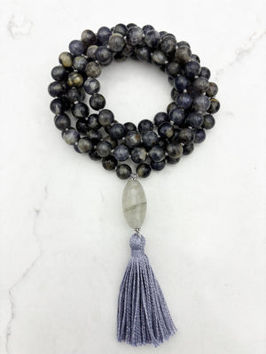 iolite gemstone mala with faceted quartz guru bead and lilac tassel | radiant malas | handmade in boulder, colorado