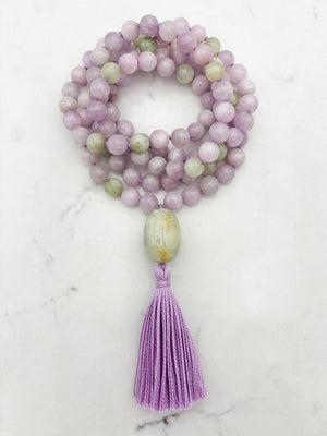 kunzite gemstone mala with beryl guru bead and lilac tassel | radiant malas  handmade in boulder, colorado