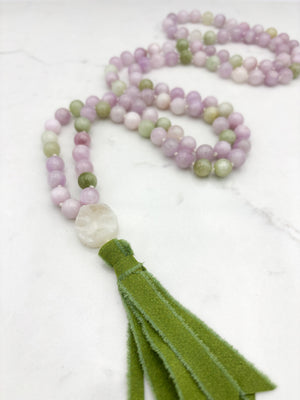 kunzite gemstone mala with druzy quartz guru bead and green silk tassel | radiant malas | handmade in boulder, colorado