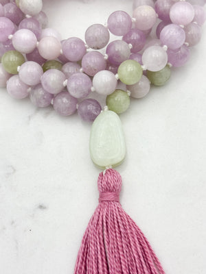 kunzite gemstone mala with jade guru bead and pink tassel | radiant malas  handmade in boulder, colorado
