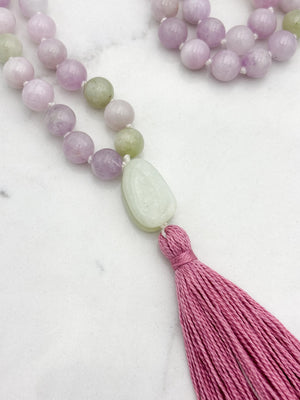 kunzite gemstone mala with jade guru bead and pink tassel | radiant malas  handmade in boulder, colorado