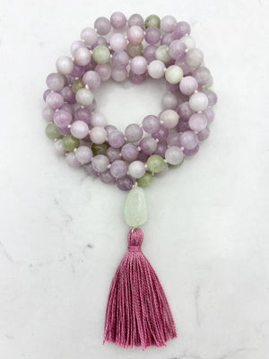 kunzite gemstone mala with jade guru bead and pink tassel | radiant malas  handmade in boulder, colorado