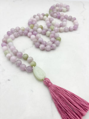 kunzite gemstone mala with jade guru bead and pink tassel | radiant malas  handmade in boulder, colorado