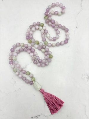 kunzite gemstone mala with jade guru bead and pink tassel | radiant malas  handmade in boulder, colorado