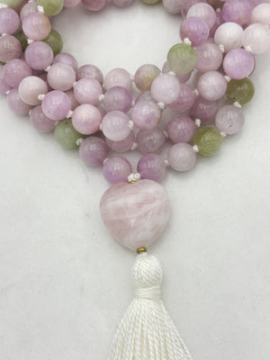 kunzite gemstone mala with rose quartz heart guru bead and white tassel | radiant malas | handmade in boulder, colorado