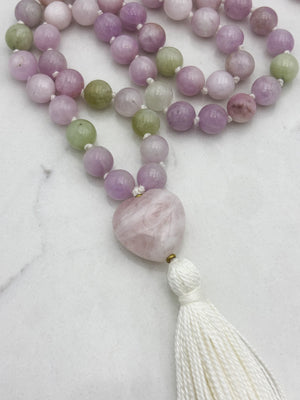 kunzite gemstone mala with rose quartz heart guru bead and white tassel | radiant malas | handmade in boulder, colorado