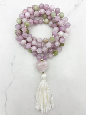 kunzite gemstone mala with rose quartz heart guru bead and white tassel | radiant malas | handmade in boulder, colorado