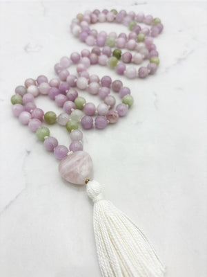 kunzite gemstone mala with rose quartz heart guru bead and white tassel | radiant malas | handmade in boulder, colorado
