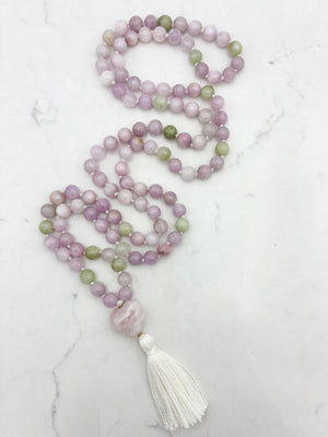 kunzite gemstone mala with rose quartz heart guru bead and white tassel | radiant malas | handmade in boulder, colorado
