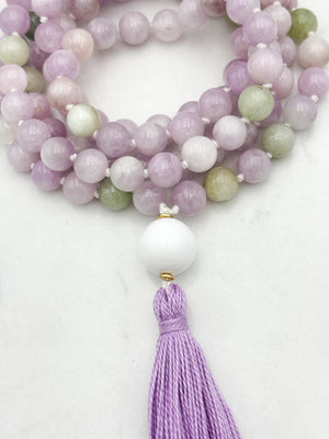 kunzite gemstone mala with white agate guru bead and lilac tassel | radiant malas  handmade in boulder, colorado
