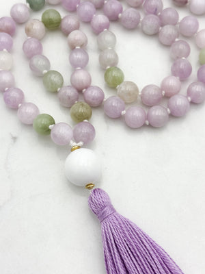 kunzite gemstone mala with white agate guru bead and lilac tassel | radiant malas  handmade in boulder, colorado
