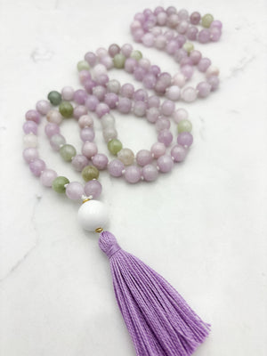 kunzite gemstone mala with white agate guru bead and lilac tassel | radiant malas  handmade in boulder, colorado