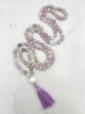 kunzite gemstone mala with white agate guru bead and lilac tassel | radiant malas  handmade in boulder, colorado