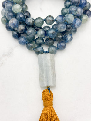 kyanite gemstone mala with aquamarine guru bead  and gold tassel | radiant malas | handmade in boulder, colorado