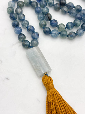 kyanite gemstone mala with aquamarine guru bead  and gold tassel | radiant malas | handmade in boulder, colorado