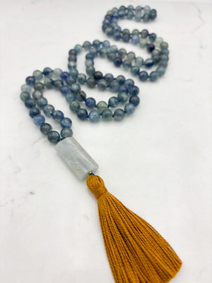 kyanite gemstone mala with aquamarine guru bead  and gold tassel | radiant malas | handmade in boulder, colorado