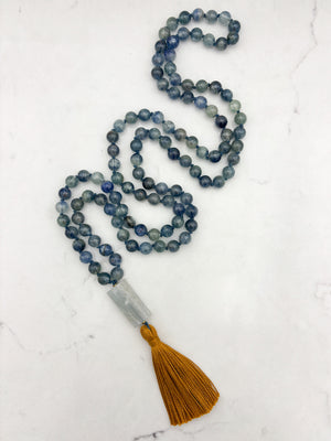 kyanite gemstone mala with aquamarine guru bead  and gold tassel | radiant malas | handmade in boulder, colorado