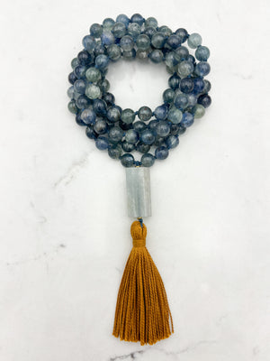 kyanite gemstone mala with aquamarine guru bead  and gold tassel | radiant malas | handmade in boulder, colorado
