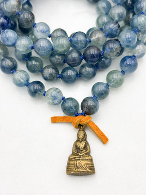 kyanite gemstone mala with brass buddha pendant | radiant malas | handmade in boulder, colorado