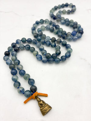 kyanite gemstone mala with brass buddha pendant | radiant malas | handmade in boulder, colorado