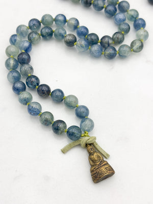 kyanite gemstone mala with brass buddha pendant | radiant malas | handmade in boulder, colorado