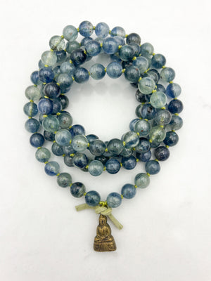 kyanite gemstone mala with brass buddha pendant | radiant malas | handmade in boulder, colorado