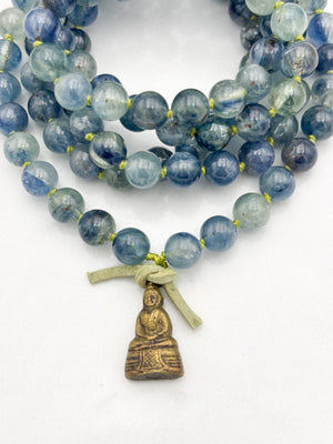kyanite gemstone mala with brass buddha pendant | radiant malas | handmade in boulder, colorado