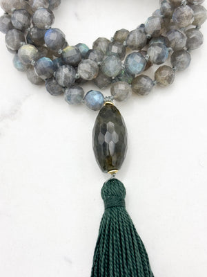 labradorite gemstone mala with quartz guru bead and green tassel | radiant malas | handmade in boulder, colorado