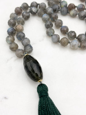 labradorite gemstone mala with quartz guru bead and green tassel | radiant malas | handmade in boulder, colorado