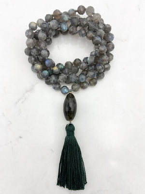 labradorite gemstone mala with quartz guru bead and green tassel | radiant malas | handmade in boulder, colorado