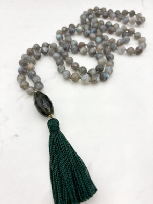 labradorite gemstone mala with quartz guru bead and green tassel | radiant malas | handmade in boulder, colorado