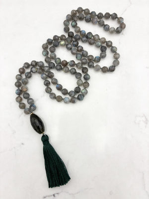 labradorite gemstone mala with quartz guru bead and green tassel | radiant malas | handmade in boulder, colorado