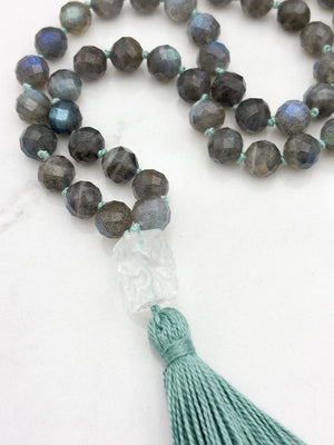 labradorite gemstone mala with clear quartz guru bead and aqua tassel | radiant malas | handmade in boulder, colorado