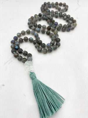 labradorite gemstone mala with clear quartz guru bead and aqua tassel | radiant malas | handmade in boulder, colorado