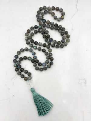 labradorite gemstone mala with clear quartz guru bead and aqua tassel | radiant malas | handmade in boulder, colorado