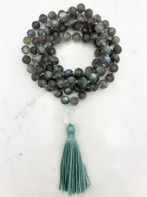 labradorite gemstone mala with clear quartz guru bead and aqua tassel | radiant malas | handmade in boulder, colorado