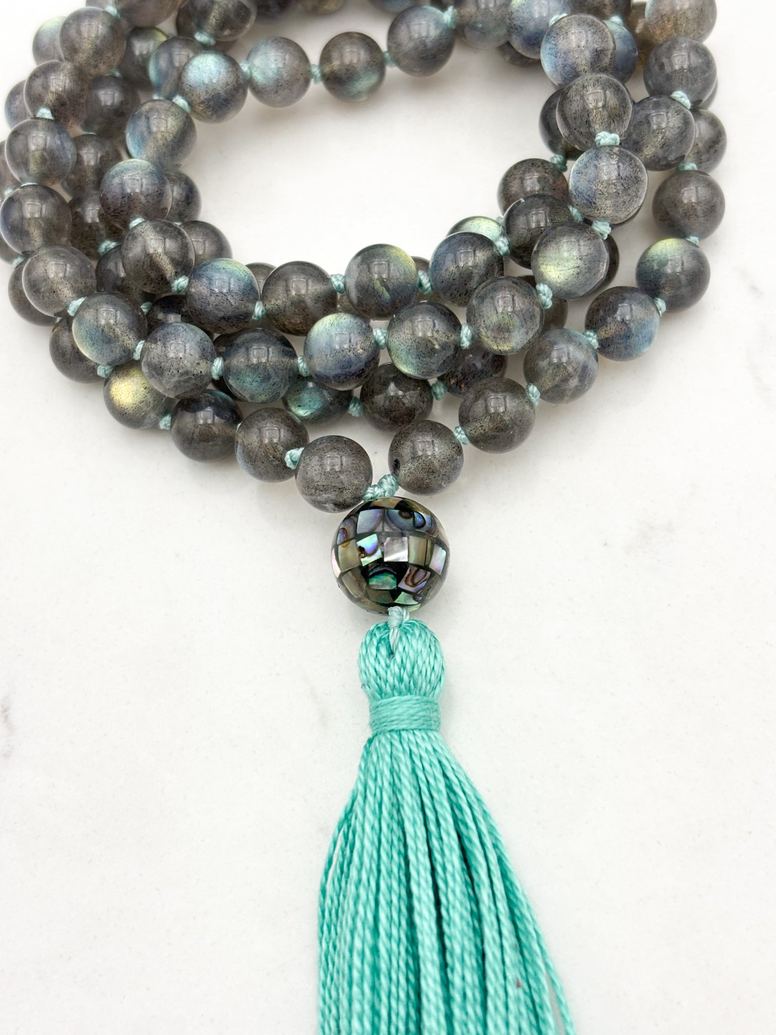 labradorite gemstone mala with abalone shell guru bead and green tassel | radiant malas | handmade in boulder, colorado