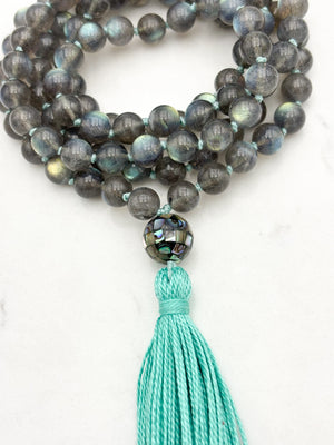 labradorite gemstone mala with abalone shell guru bead and green tassel | radiant malas | handmade in boulder, colorado